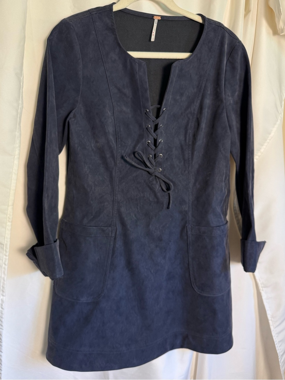 NWOT Free People Navy Lace-Up Faux Suede Shift A line Whimsey Festival Dress